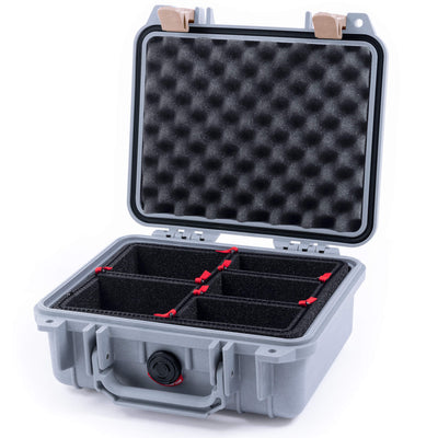 Pelican 1200 Case, Silver with Desert Tan Latches TrekPak with Convolute Foam ColorCase 012000-0020-180-310