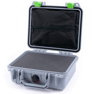 Pelican 1200 Case, Silver with Lime Green Latches Pick & Pluck Foam with Zipper Pouch ColorCase 012000-0101-180-300
