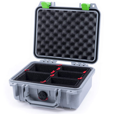Pelican 1200 Case, Silver with Lime Green Latches TrekPak Divider System with Convolute Lid Foam ColorCase 012000-0020-180-300