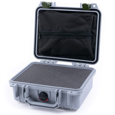 Pelican 1200 Case, Silver with OD Green Latches Pick & Pluck Foam with Zipper Pouch ColorCase 012000-0101-180-130