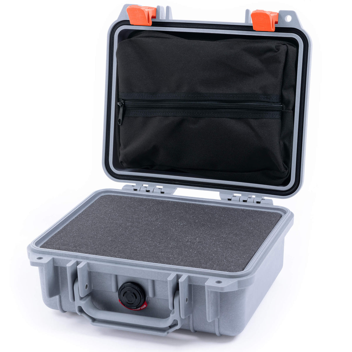 Pelican 1200 Case, Silver with Orange Latches Pick &amp; Pluck Foam with Zipper Pouch ColorCase 012000-0101-180-150