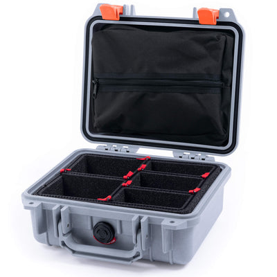Pelican 1200 Case, Silver with Orange Latches TrekPak Divider System with Zipper Pouch ColorCase 012000-0120-180-150