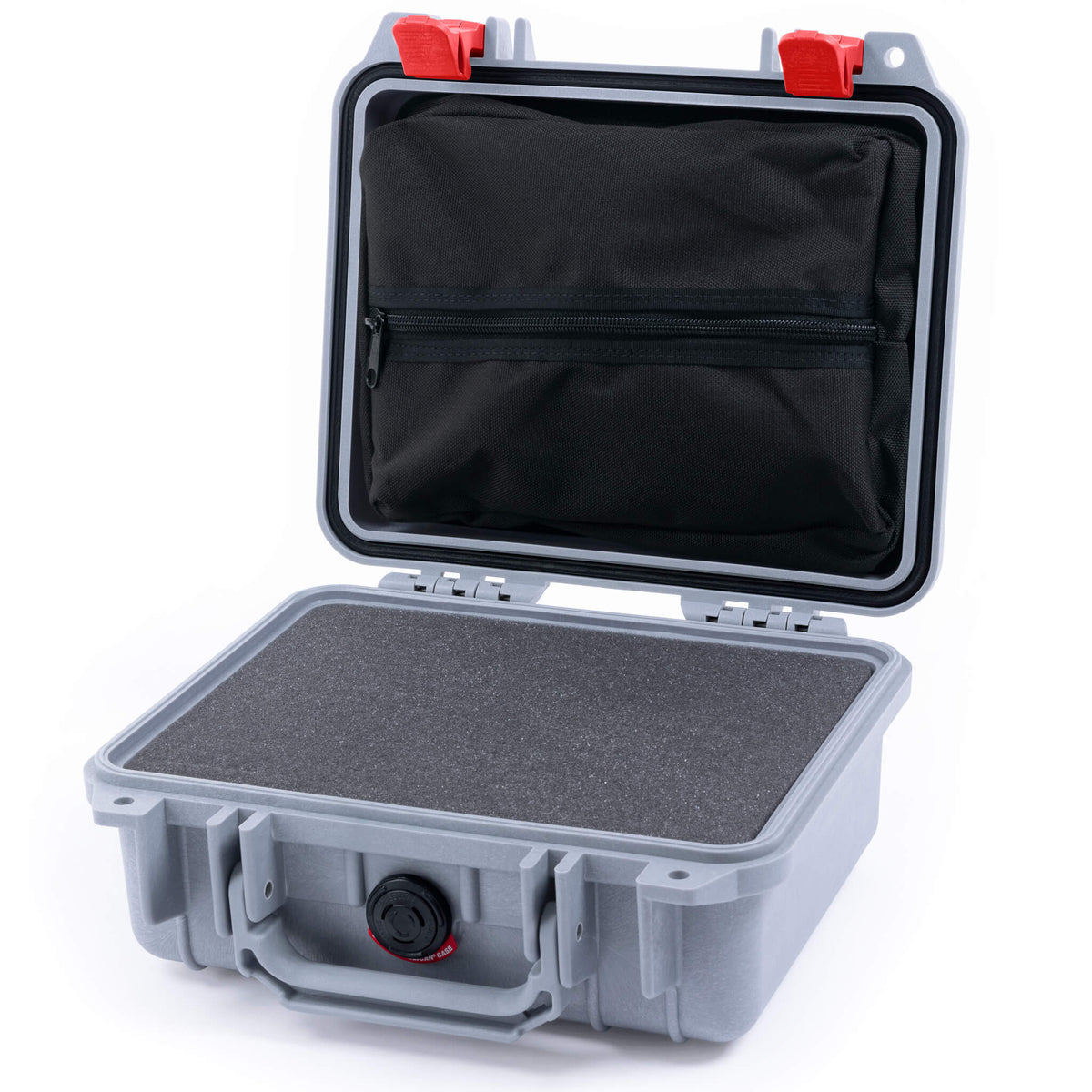 Pelican 1200 Case, Silver with Red Latches Pick &amp; Pluck Foam with Zipper Pouch ColorCase 012000-0101-180-320