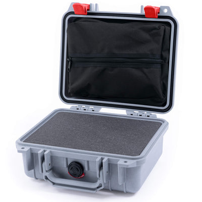 Pelican 1200 Case, Silver with Red Latches Pick & Pluck Foam with Zipper Pouch ColorCase 012000-0101-180-320
