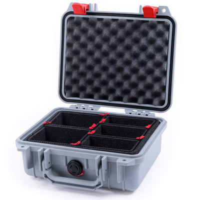 Pelican 1200 Case, Silver with Red Latches TrekPak Divider System with Convolute Lid Foam ColorCase 012000-0020-180-320