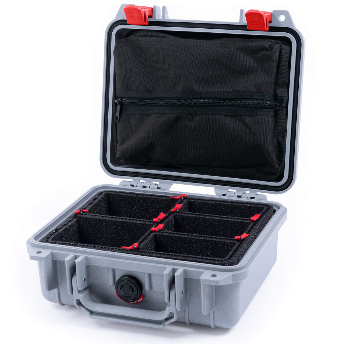 Pelican 1200 Case, Silver with Red Latches TrekPak Divider System with Zipper Pouch ColorCase 012000-0120-180-320