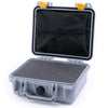 Pelican 1200 Case, Silver with Yellow Latches Pick & Pluck Foam with Zipper Pouch ColorCase 012000-0101-180-240
