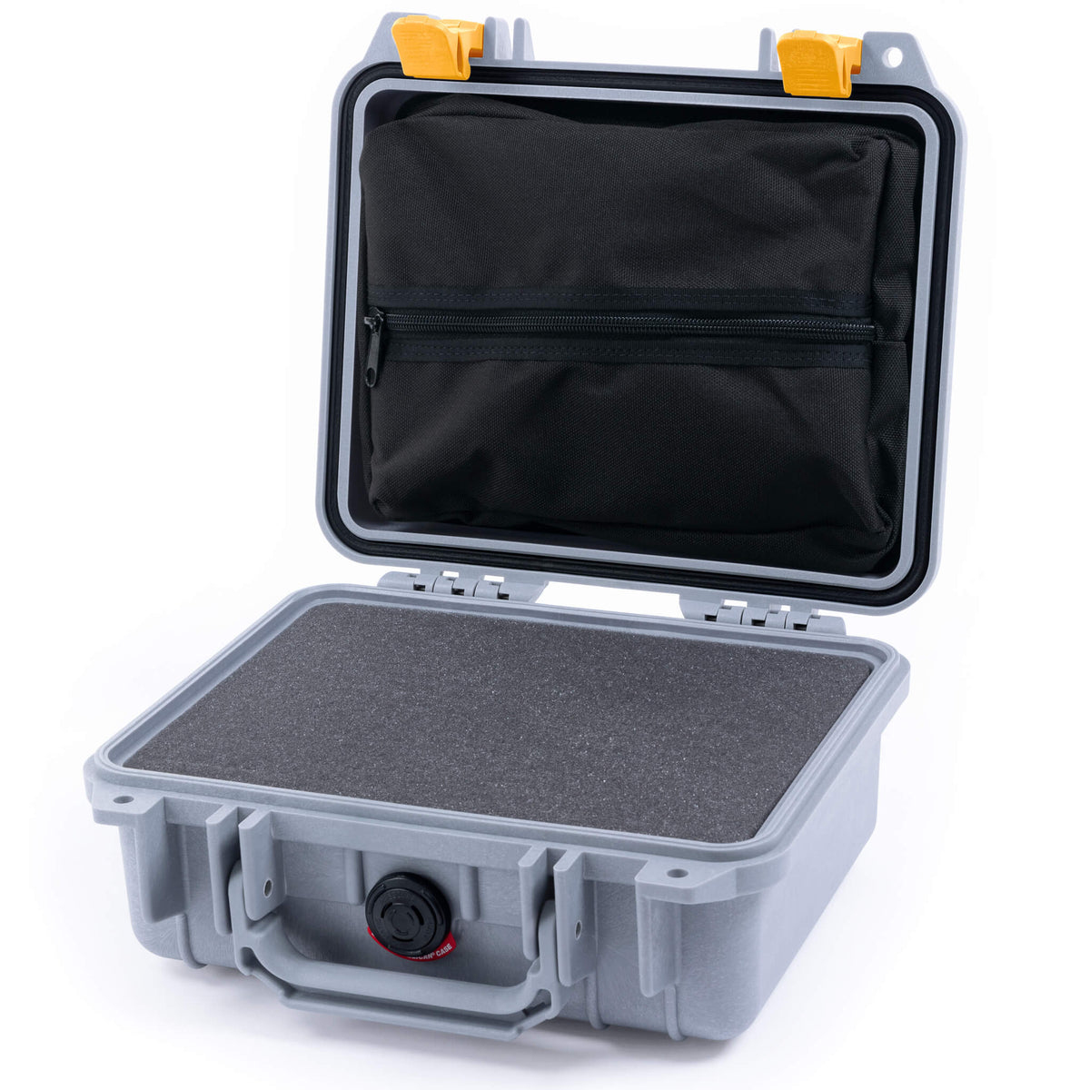 Pelican 1200 Case, Silver with Yellow Latches Pick &amp; Pluck Foam with Zipper Pouch ColorCase 012000-0101-180-240