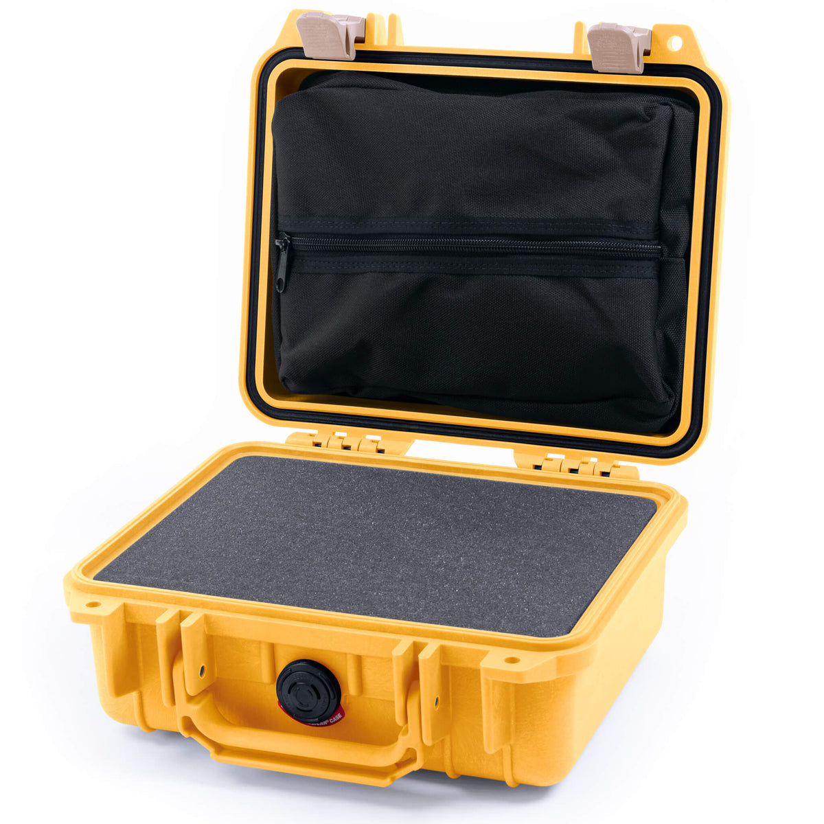 Pelican 1200 Case, Yellow with Desert Tan Latches Pick &amp; Pluck Foam with Zipper Pouch ColorCase 012000-0101-240-310