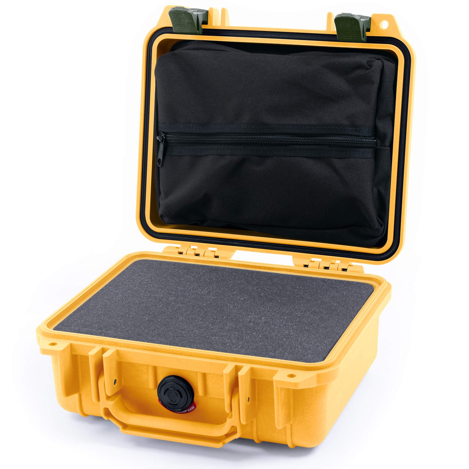 Pelican 1200 Case, Yellow with OD Green Latches Pick & Pluck Foam with Zipper Pouch ColorCase 012000-0101-240-130