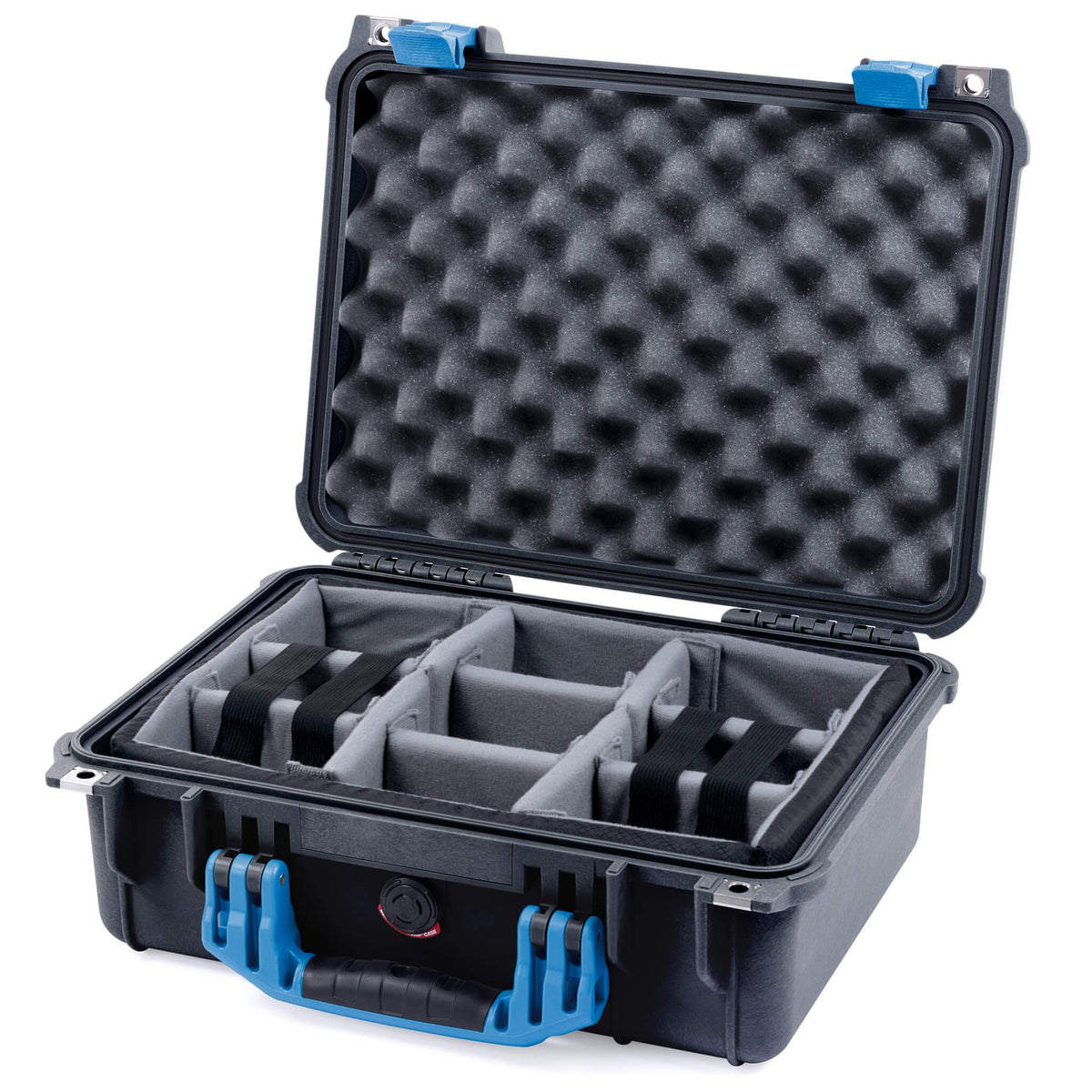 Pelican 1450 Case, Black with Blue Handle &amp; Latches Gray Padded Microfiber Dividers with Convolute Lid Foam ColorCase 014500-0070-110-120