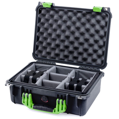 Pelican 1450 Case, Black with Lime Green Handle & Latches Gray Padded Microfiber Dividers with Convolute Lid Foam ColorCase 014500-0070-110-300