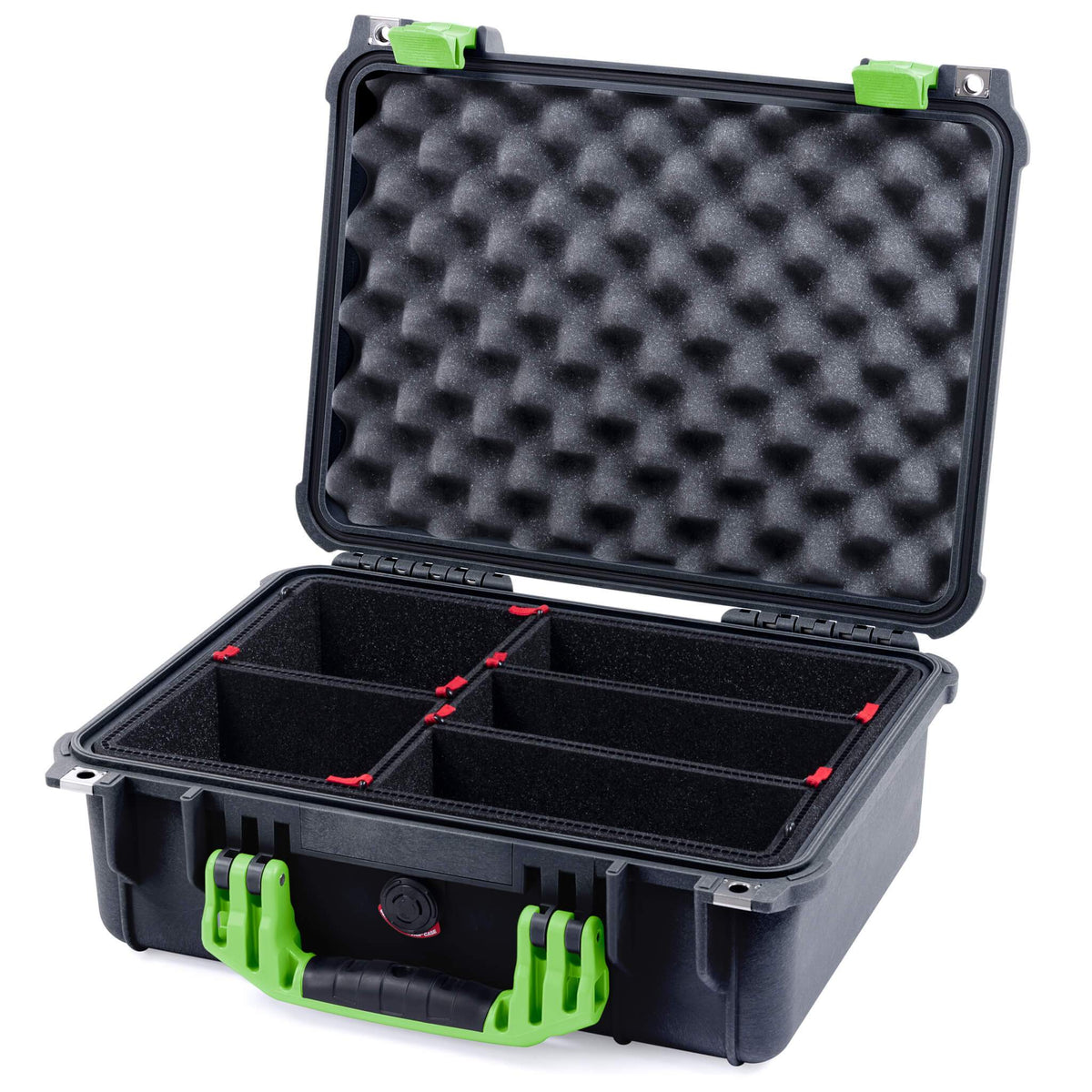 Pelican 1450 Case, Black with Lime Green Handle &amp; Latches TrekPak Divider System with Convolute Lid Foam ColorCase 014500-0020-110-300