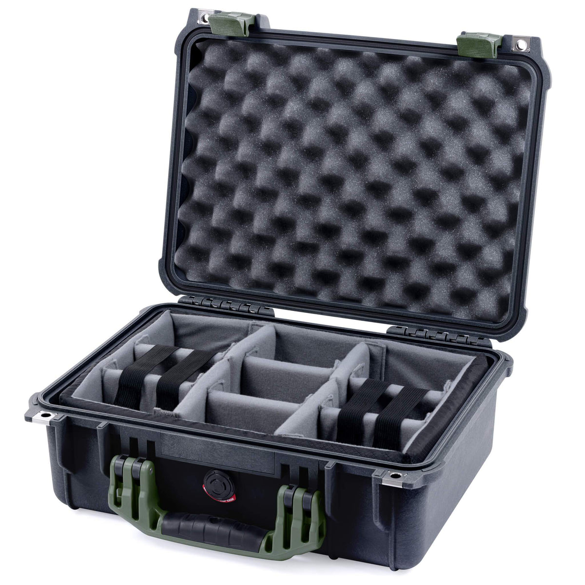 Pelican 1450 Case, Black with OD Green Handle &amp; Latches Gray Padded Microfiber Dividers with Convolute Lid Foam ColorCase 014500-0070-110-130