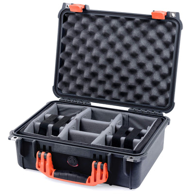 Pelican 1450 Case, Black with Orange Handle & Latches Gray Padded Microfiber Dividers with Convolute Lid Foam ColorCase 014500-0070-110-150