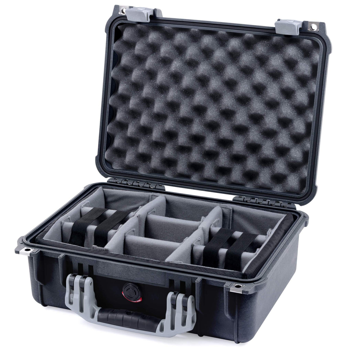 Pelican 1450 Case, Black with Silver Handle &amp; Latches Gray Padded Microfiber Dividers with Convolute Lid Foam ColorCase 014500-0070-110-180