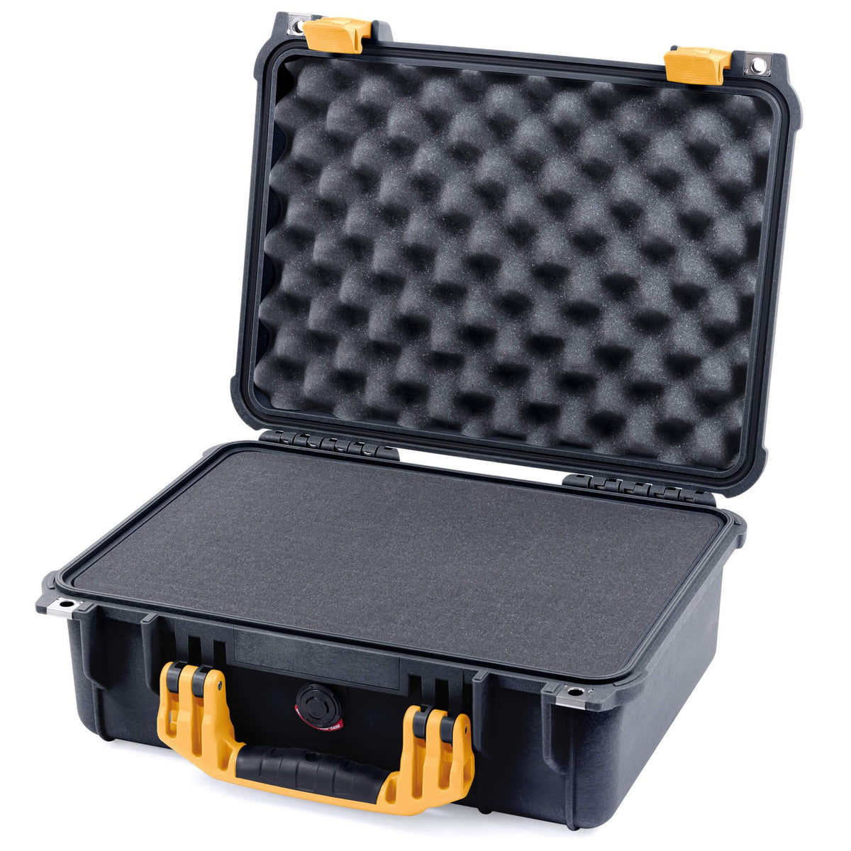 Pelican 1450 Case, Black with Yellow Handle &amp; Latches Pick &amp; Pluck Foam with Convolute Lid Foam ColorCase 014500-0001-110-240