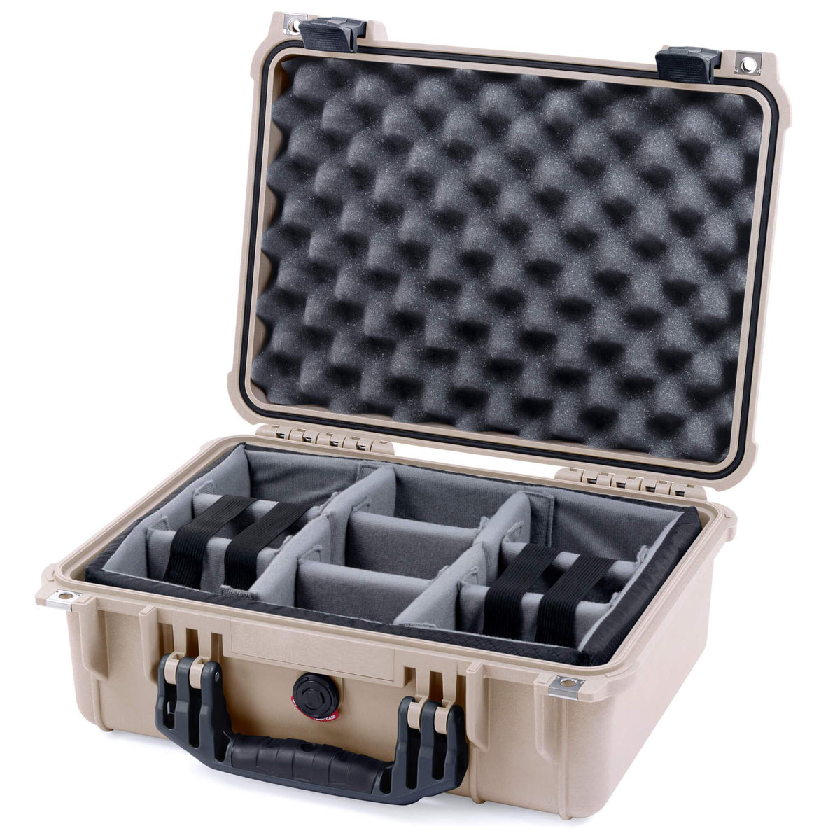 Pelican 1450 Case, Desert Tan with Black Handle &amp; Latches Gray Padded Microfiber Dividers with Convolute Lid Foam ColorCase 014500-0070-310-110
