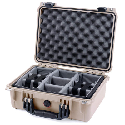 Pelican 1450 Case, Desert Tan with Black Handle & Latches Gray Padded Microfiber Dividers with Convolute Lid Foam ColorCase 014500-0070-310-110