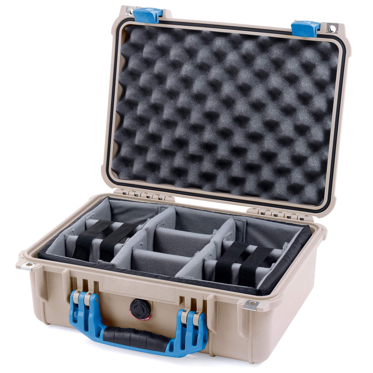 Pelican 1450 Case, Desert Tan with Blue Handle &amp; Latches Gray Padded Microfiber Dividers with Convolute Lid Foam ColorCase 014500-0070-310-120
