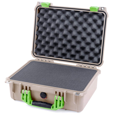 Pelican 1450 Case, Desert Tan with Lime Green Handle & Latches Pick & Pluck Foam with Convolute Lid Foam ColorCase 014500-0001-310-300