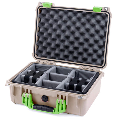 Pelican 1450 Case, Desert Tan with Lime Green Handle & Latches Gray Padded Microfiber Dividers with Convolute Lid Foam ColorCase 014500-0070-310-300