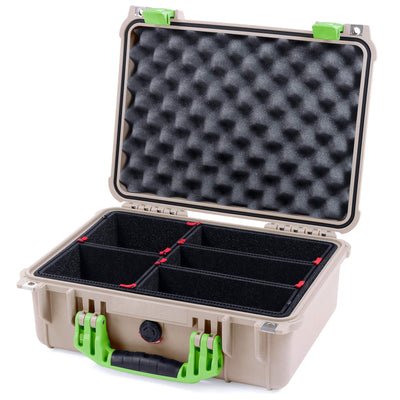 Pelican 1450 Case, Desert Tan with Lime Green Handle & Latches TrekPak Divider System with Convolute Lid Foam ColorCase 014500-0020-310-300