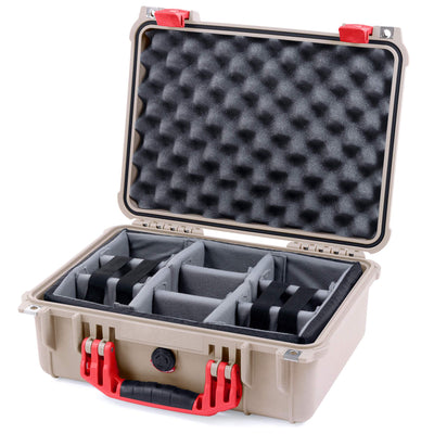Pelican 1450 Case, Desert Tan with Red Handle & Latches Gray Padded Microfiber Dividers with Convolute Lid Foam ColorCase 014500-0070-310-320