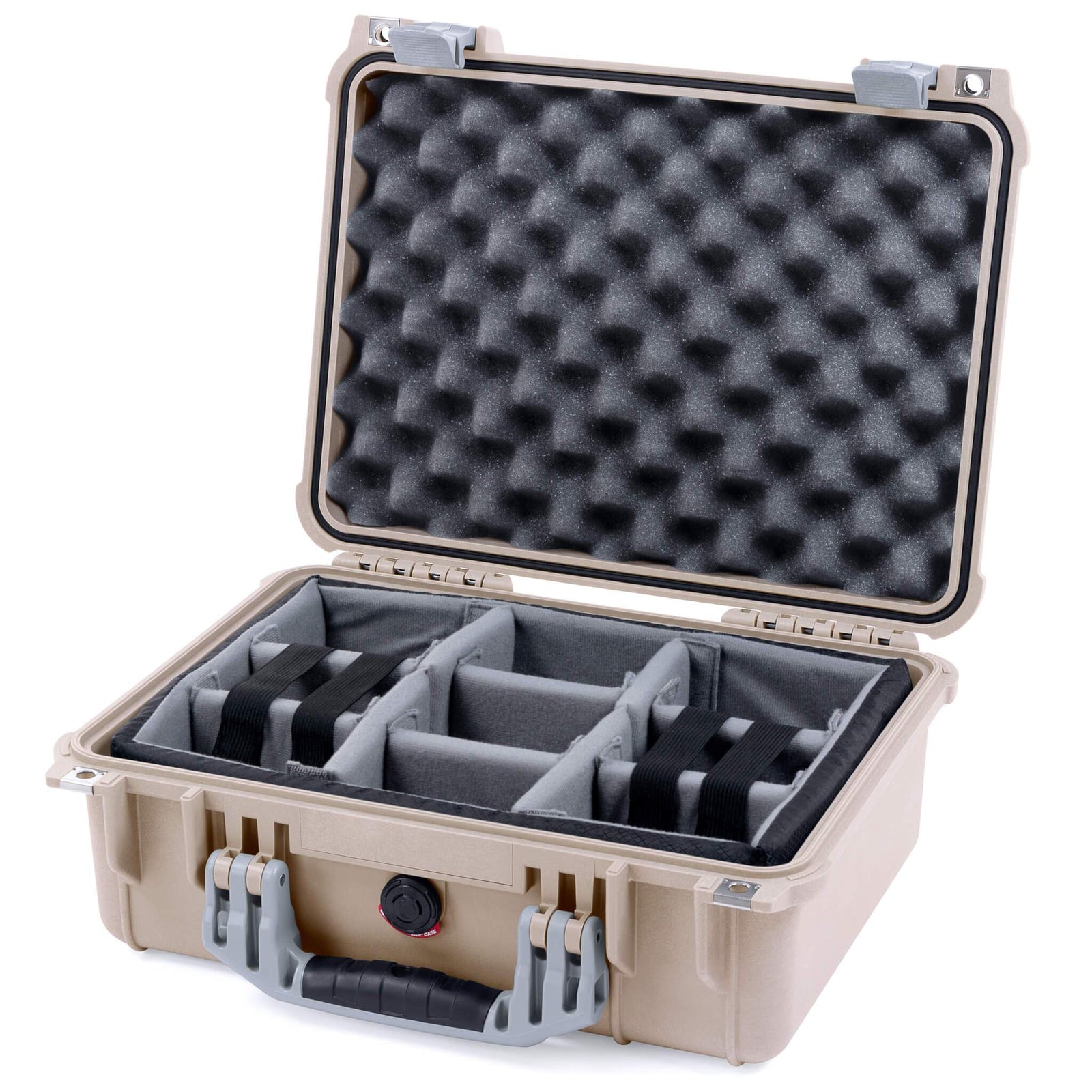 Pelican 1450 Case, Desert Tan with Silver Handle & Latches Gray Padded Microfiber Dividers with Convolute Lid Foam ColorCase 014500-0070-310-180