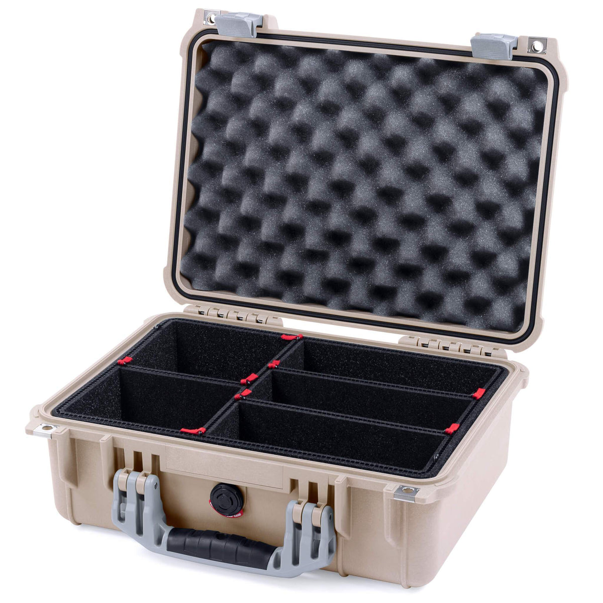 Pelican 1450 Case, Desert Tan with Silver Handle &amp; Latches TrekPak Divider System with Convolute Lid Foam ColorCase 014500-0020-310-180