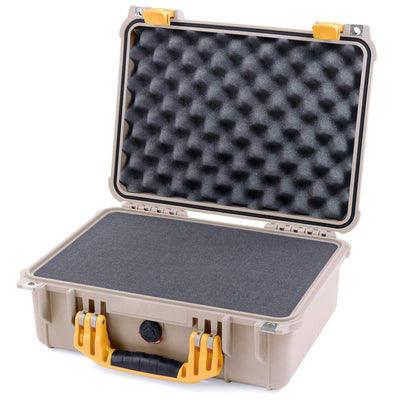 Pelican 1450 Case, Desert Tan with Yellow Handle & Latches Pick & Pluck Foam with Convolute Lid Foam ColorCase 014500-0001-310-240