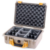 Pelican 1450 Case, Desert Tan with Yellow Handle & Latches Gray Padded Microfiber Dividers with Convolute Lid Foam ColorCase 014500-0070-310-240