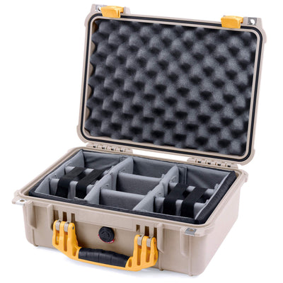 Pelican 1450 Case, Desert Tan with Yellow Handle & Latches Gray Padded Microfiber Dividers with Convolute Lid Foam ColorCase 014500-0070-310-240