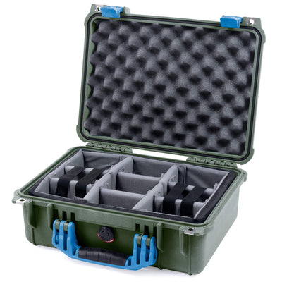 Pelican 1450 Case, OD Green with Blue Handle & Latches Gray Padded Microfiber Dividers with Convolute Lid Foam ColorCase 014500-0070-130-120