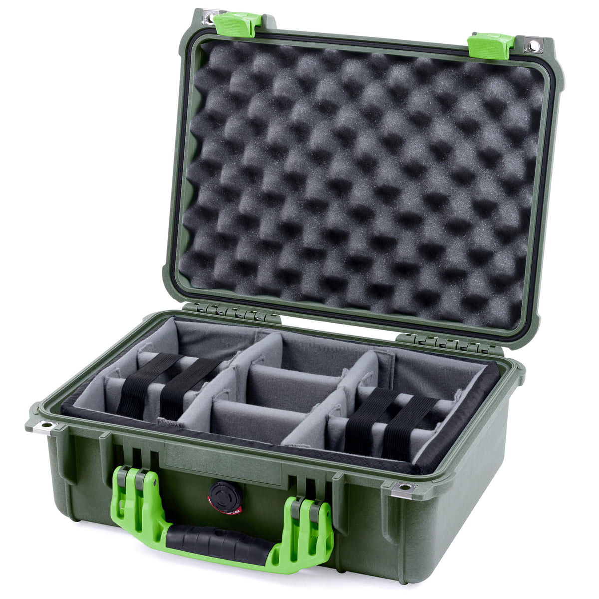 Pelican 1450 Case, OD Green with Lime Green Handle &amp; Latches Gray Padded Microfiber Dividers with Convolute Lid Foam ColorCase 014500-0070-130-300