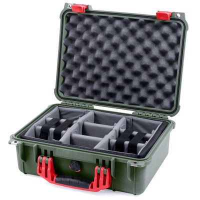 Pelican 1450 Case, OD Green with Red Handle & Latches Gray Padded Microfiber Dividers with Convolute Lid Foam ColorCase 014500-0070-130-320