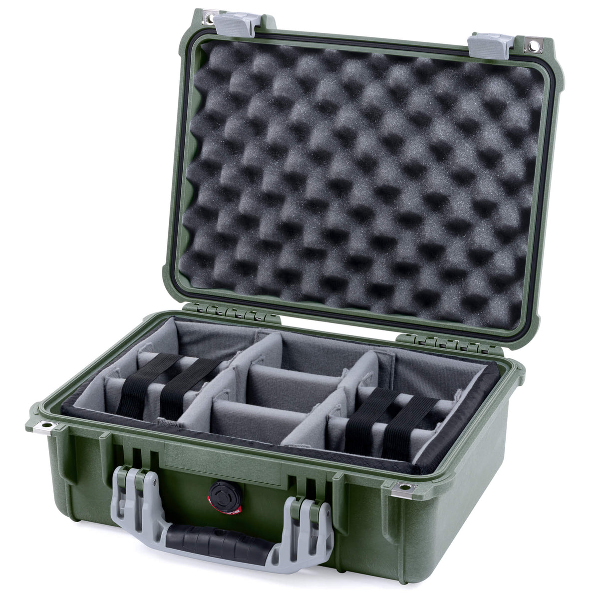 Pelican 1450 Case, OD Green with Silver Handle &amp; Latches Gray Padded Microfiber Dividers with Convolute Lid Foam ColorCase 014500-0070-130-180