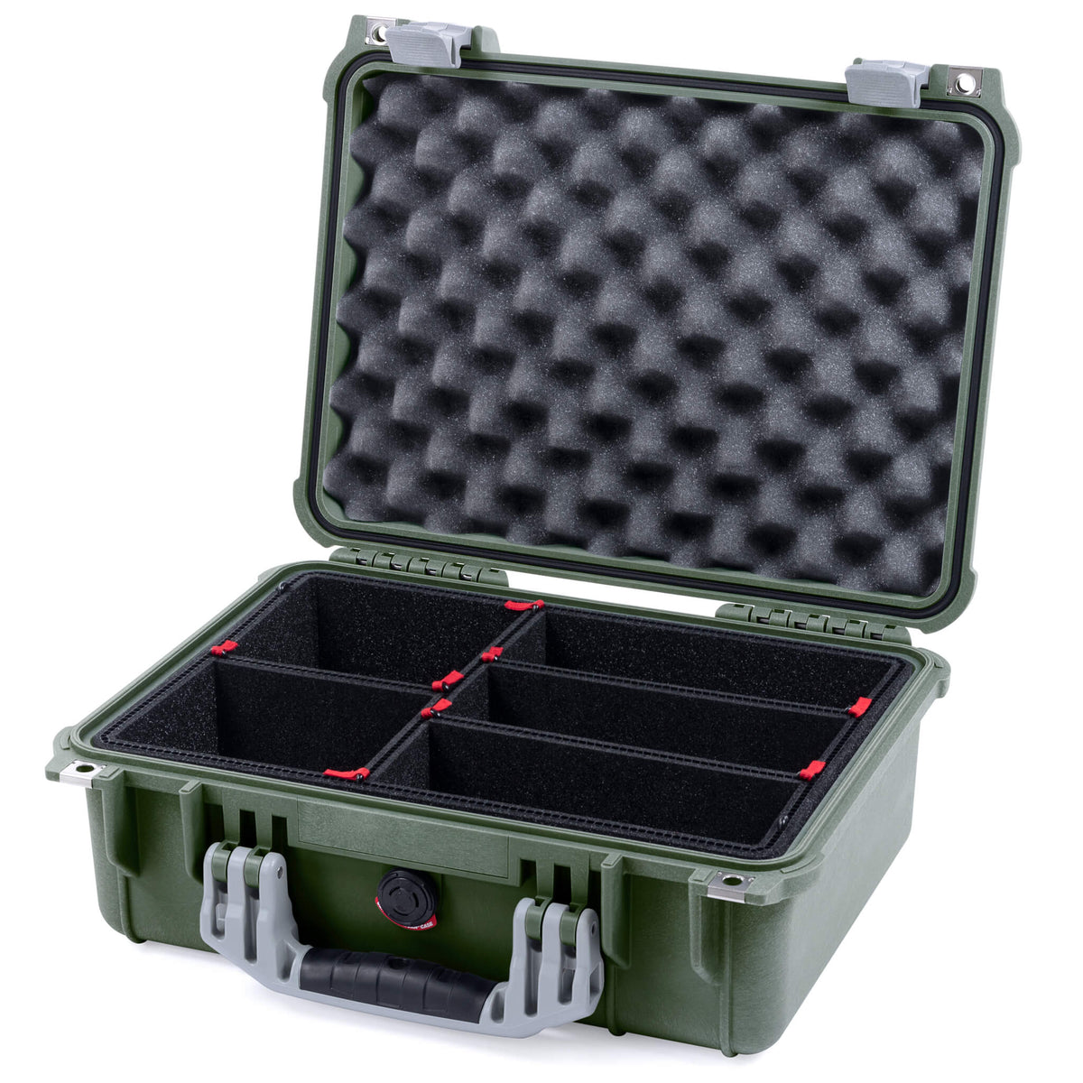 Pelican 1450 Case, OD Green with Silver Handle &amp; Latches TrekPak Divider System with Convolute Lid Foam ColorCase 014500-0020-130-180