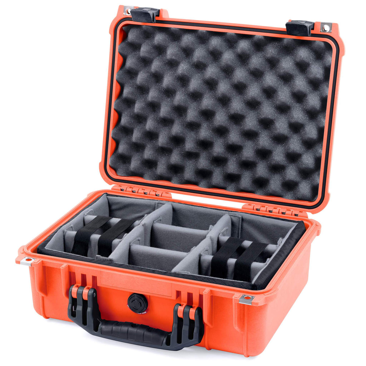Pelican 1450 Case, Orange with Black Handle &amp; Latches Gray Padded Microfiber Dividers with Convolute Lid Foam ColorCase 014500-0070-150-110