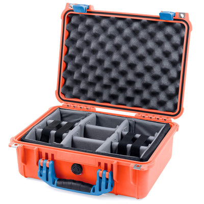 Pelican 1450 Case, Orange with Blue Handle & Latches Gray Padded Microfiber Dividers with Convolute Lid Foam ColorCase 014500-0070-150-120