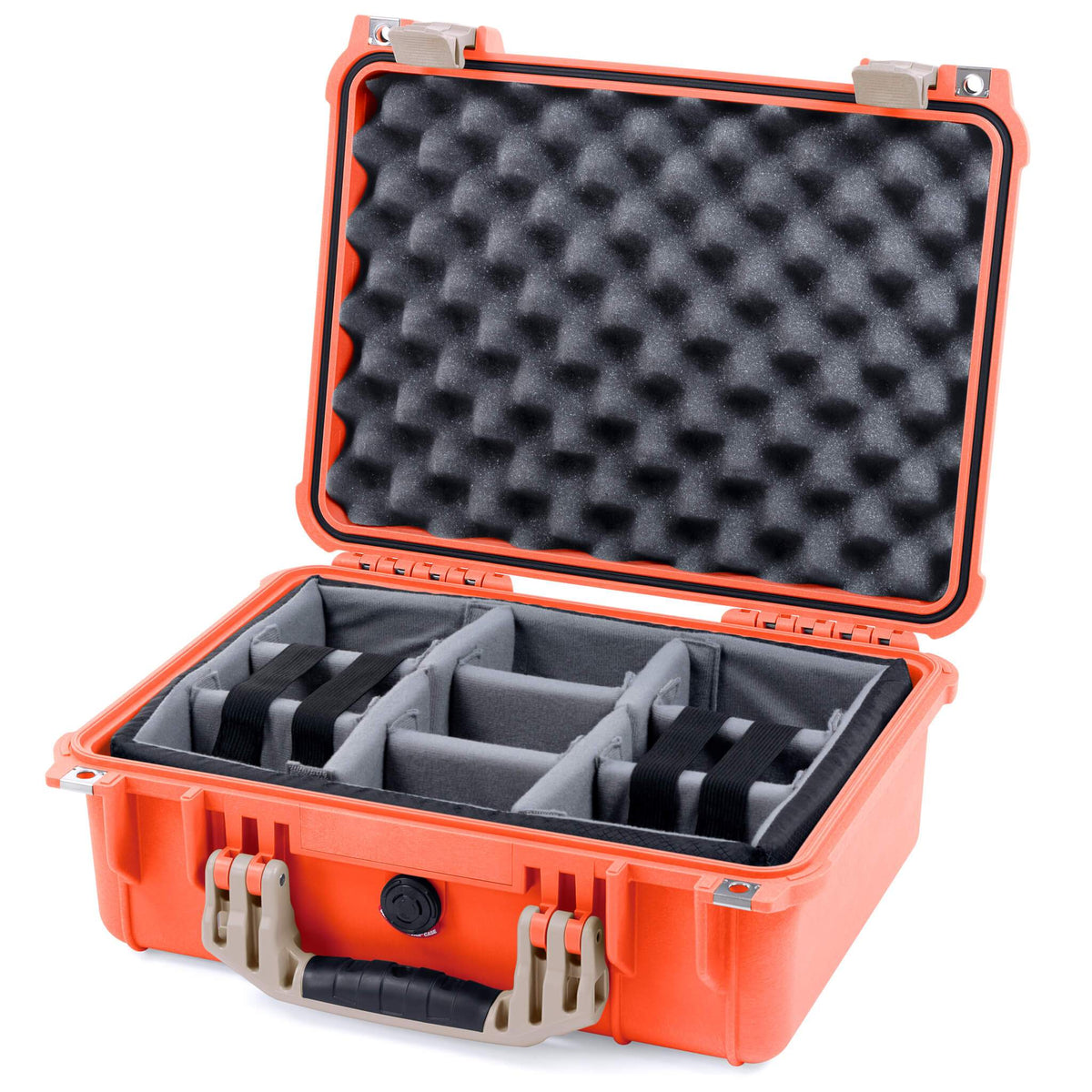 Pelican 1450 Case, Orange with Desert Tan Handle &amp; Latches Gray Padded Microfiber Dividers with Convolute Lid Foam ColorCase 014500-0070-150-310