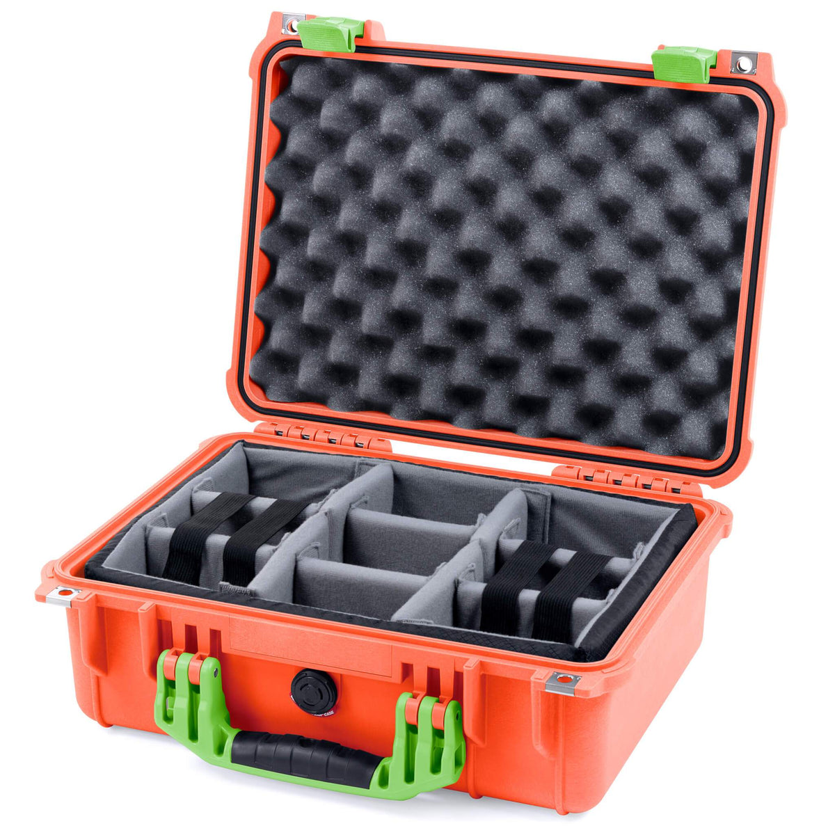 Pelican 1450 Case, Orange with Lime Green Handle &amp; Latches Gray Padded Microfiber Dividers with Convolute Lid Foam ColorCase 014500-0070-150-300
