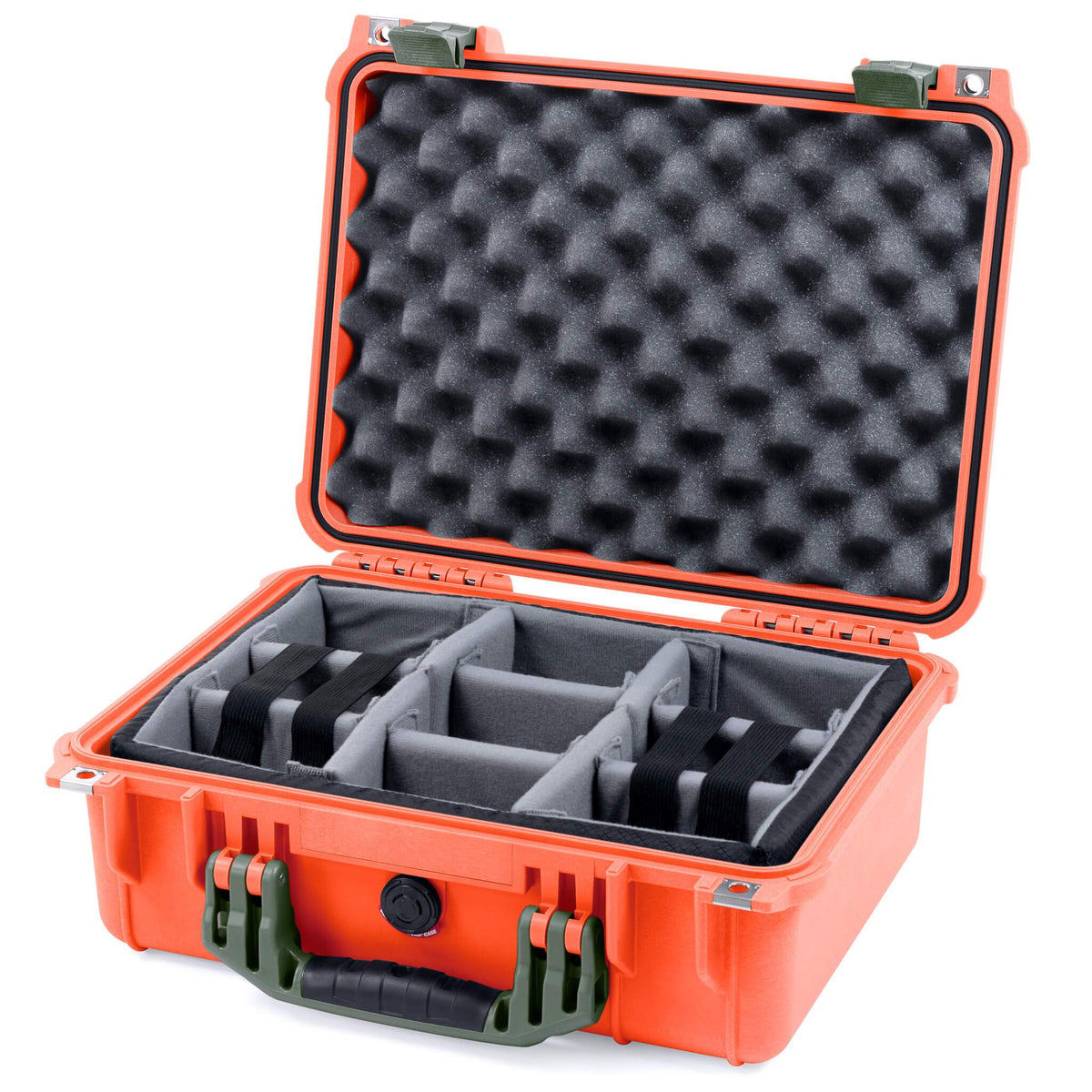 Pelican 1450 Case, Orange with OD Green Handle &amp; Latches Gray Padded Microfiber Dividers with Convolute Lid Foam ColorCase 014500-0070-150-130