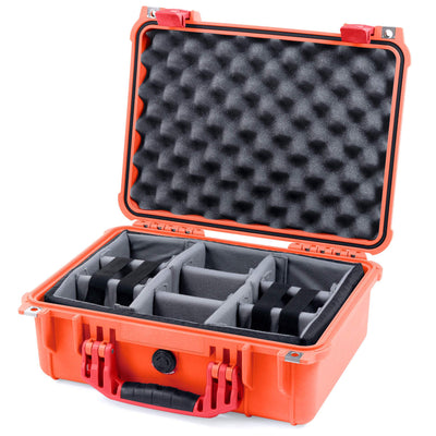 Pelican 1450 Case, Orange with Red Handle & Latches Gray Padded Microfiber Dividers with Convolute Lid Foam ColorCase 014500-0070-150-320