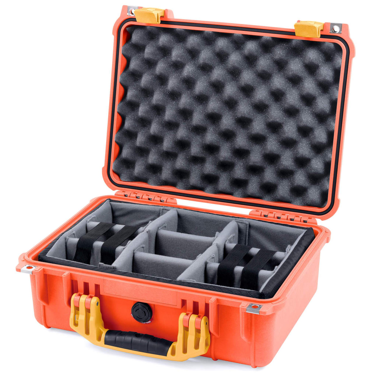 Pelican 1450 Case, Orange with Yellow Handle &amp; Latches Gray Padded Microfiber Dividers with Convolute Lid Foam ColorCase 014500-0070-150-240