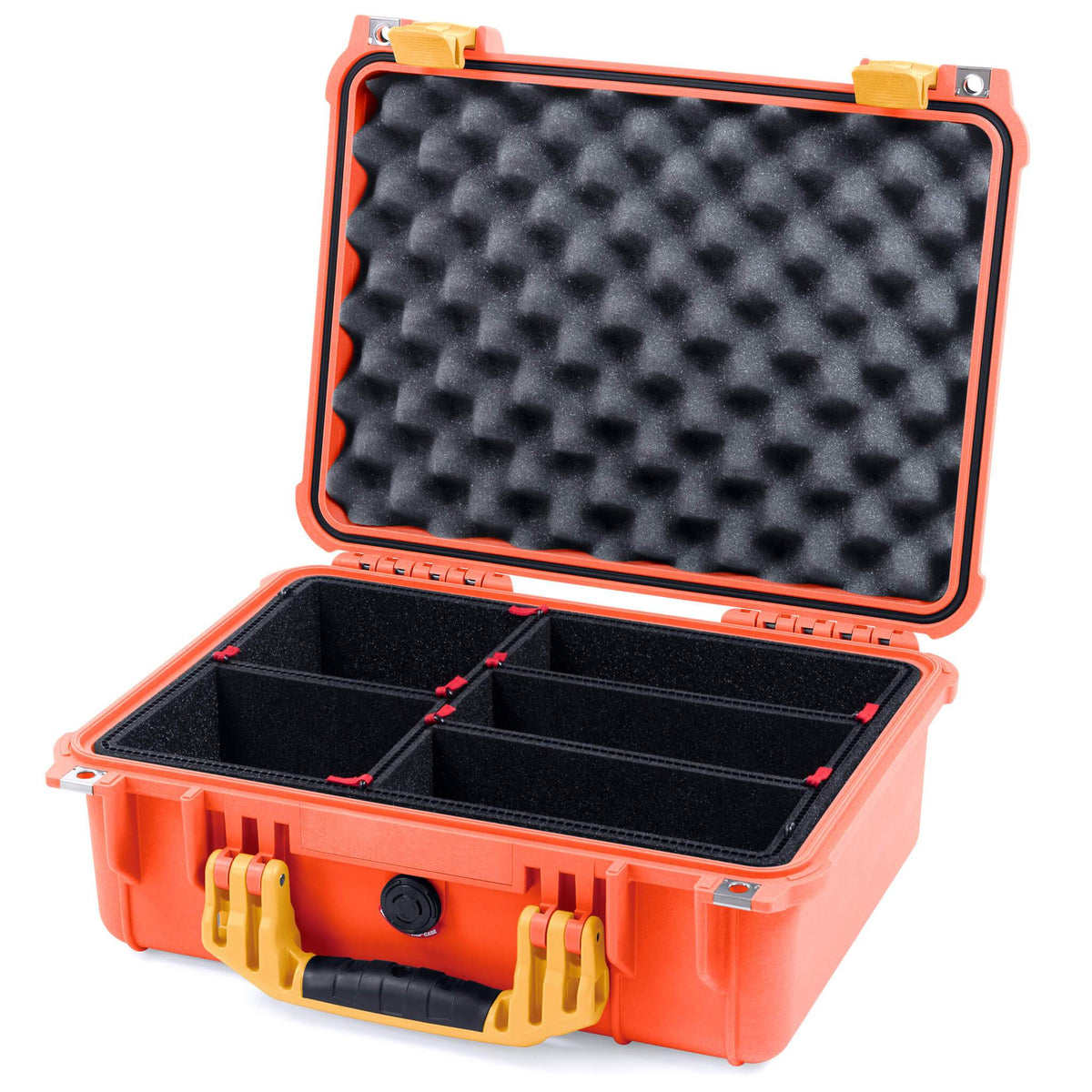 Pelican 1450 Case, Orange with Yellow Handle &amp; Latches TrekPak Divider System with Convolute Lid Foam ColorCase 014500-0020-150-240