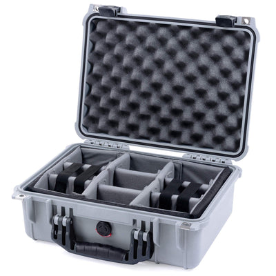 Pelican 1450 Case, Silver with Black Handle & Latches Gray Padded Microfiber Dividers with Convolute Lid Foam ColorCase 014500-0070-180-110