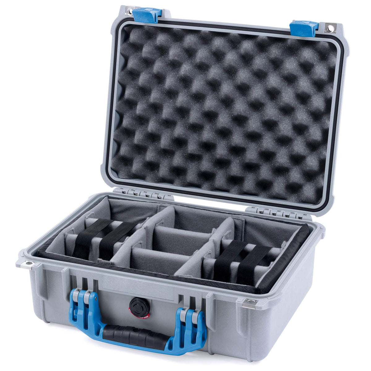 Pelican 1450 Case, Silver with Blue Handle &amp; Latches Gray Padded Microfiber Dividers with Convolute Lid Foam ColorCase 014500-0070-180-120