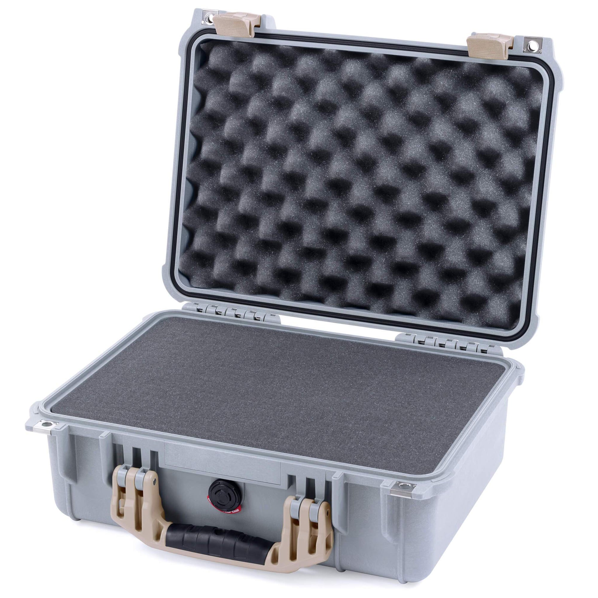 Pelican 1450 Case, Silver with Desert Tan Handle & Latches Pick & Pluck Foam with Convolute Lid Foam ColorCase 014500-0001-180-310