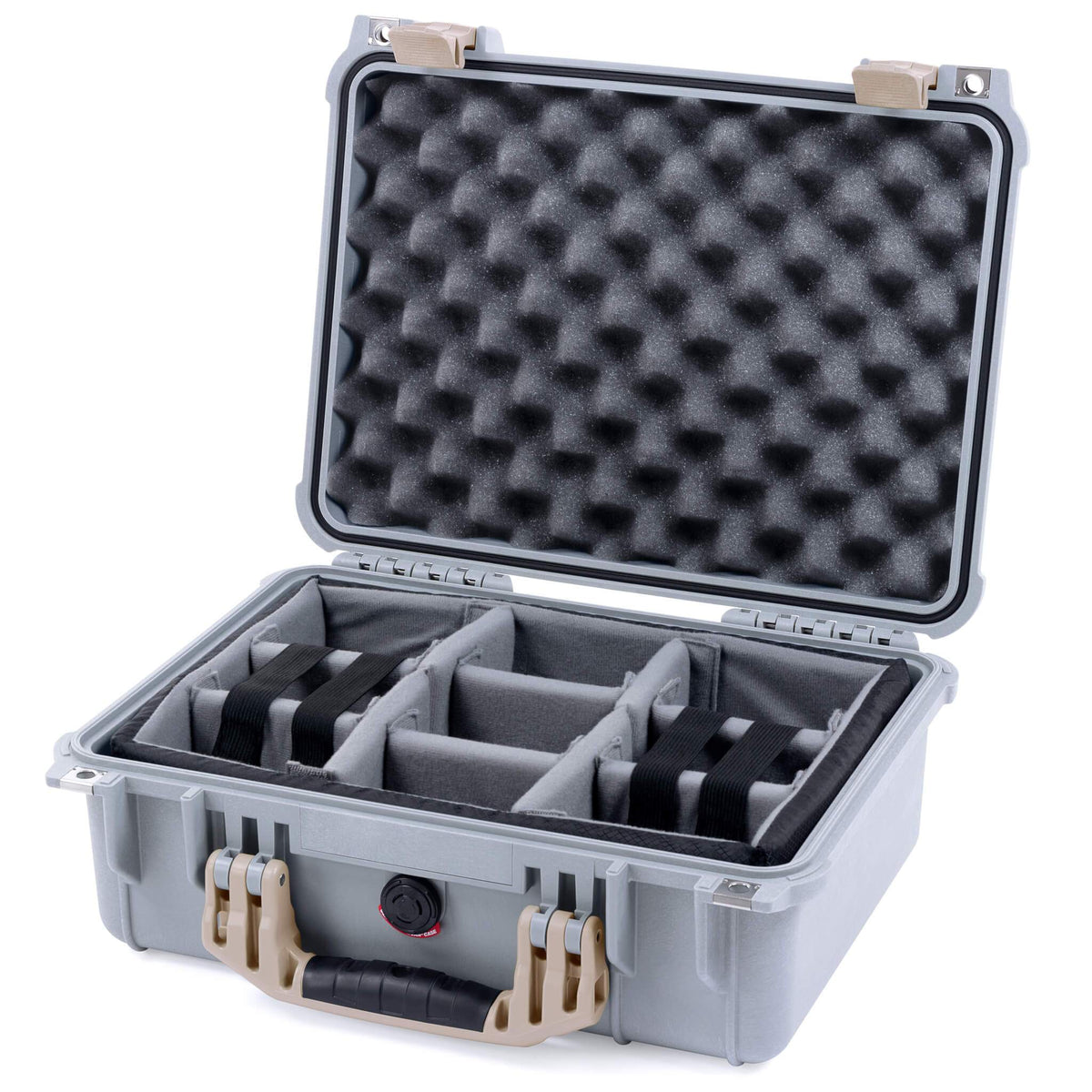 Pelican 1450 Case, Silver with Desert Tan Handle &amp; Latches Gray Padded Microfiber Dividers with Convolute Lid Foam ColorCase 014500-0070-180-310